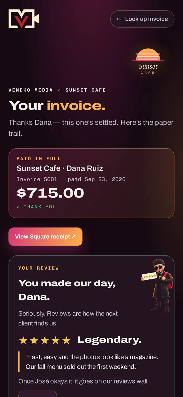 A Paylock paid-in-full receipt page with the client's five-star review
