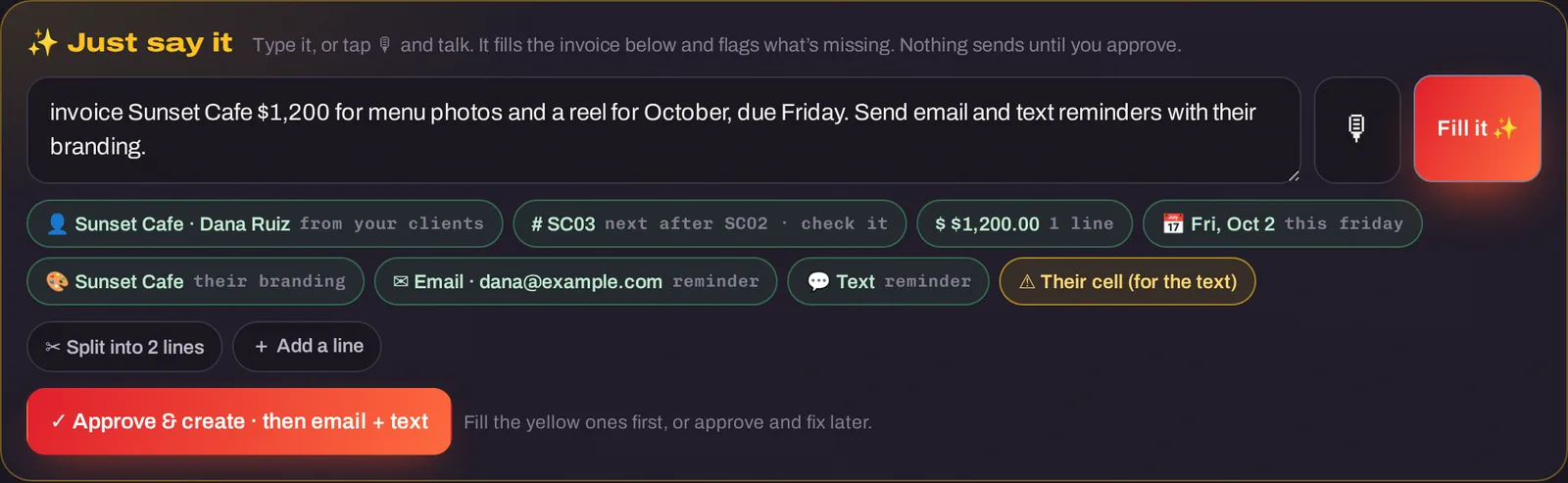 The Just say it bar filling an invoice from one sentence, with missing details flagged