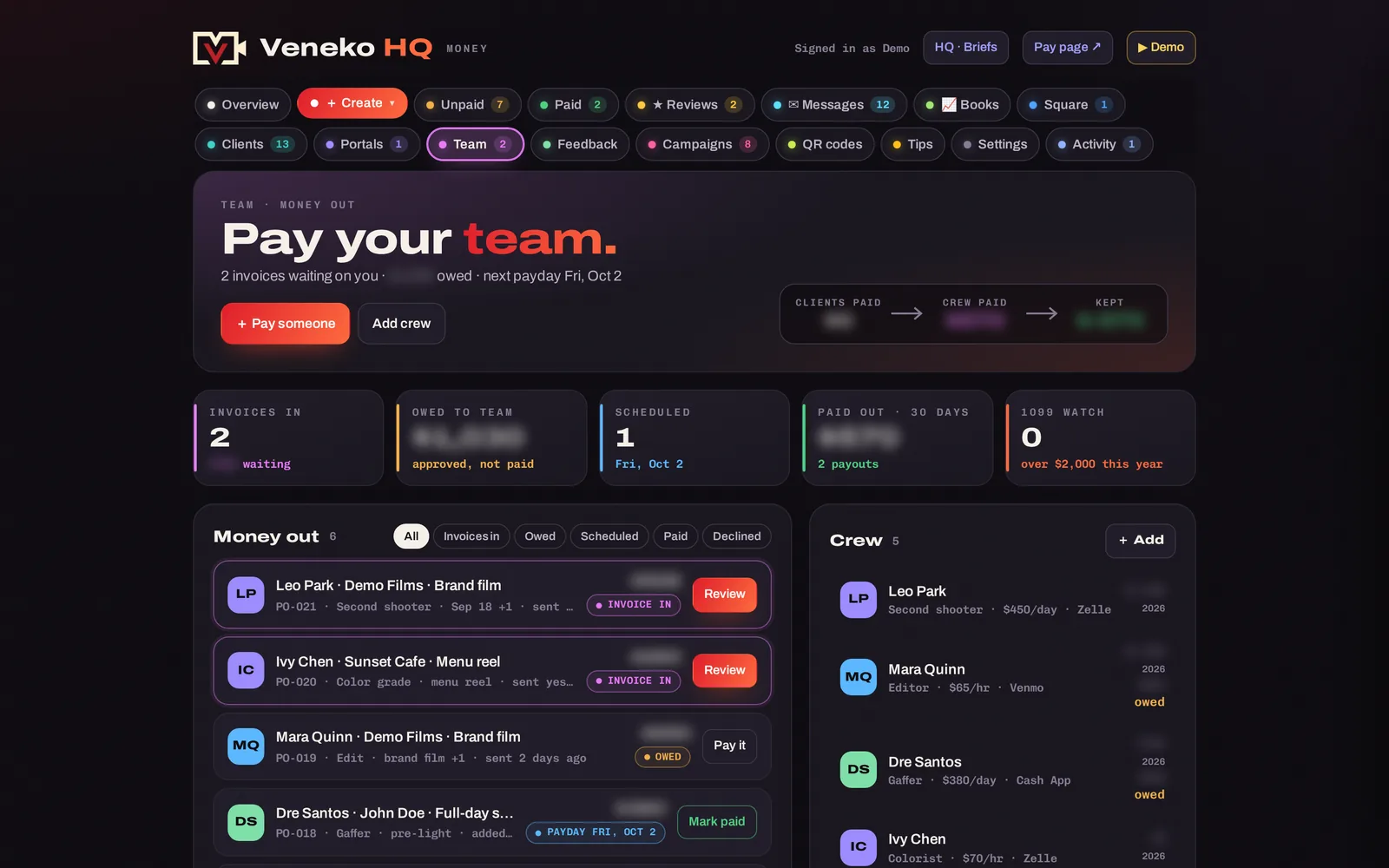 The Pay your team board with crew invoices, approvals and payday